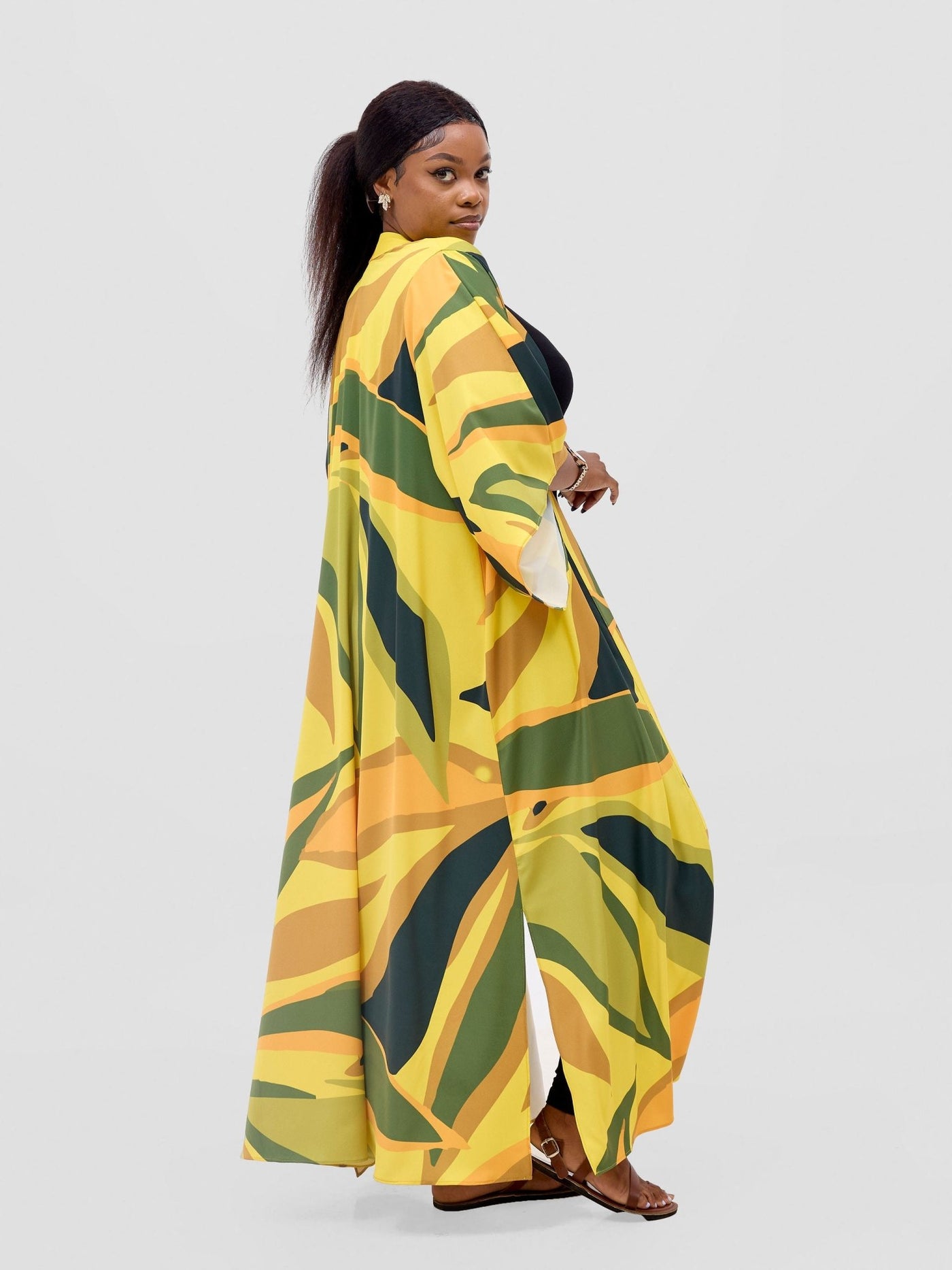 Vivo Kelemi Flared Sleeve Kimono - Yellow / Green Lana Print - Shopzetu