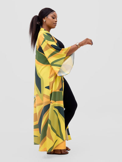 Vivo Kelemi Flared Sleeve Kimono - Yellow / Green Lana Print - Shopzetu