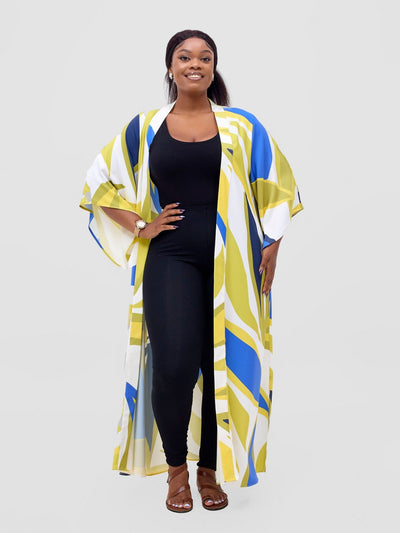 Vivo Kelemi Flared Sleeve Kimono - Royal Blue / Green Lana Print - Shopzetu