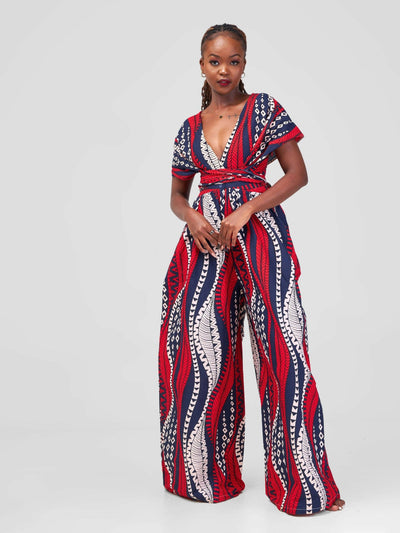 African Yuva Hurulaini African Print Infinity Jumpsuit - Blue / Red / Beige Print - Shopzetu