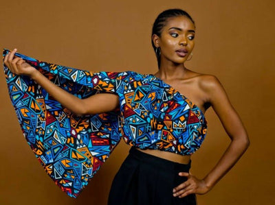 African Yuva Umfazi African Print One-Shoulder Top - Blue - Shopzetu