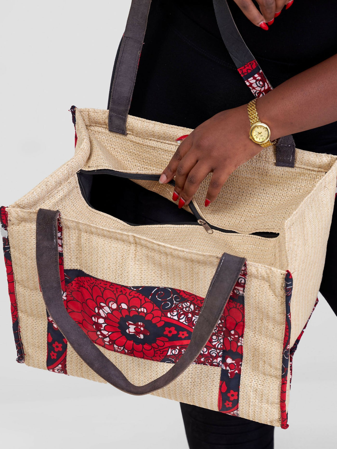 Zosa Jute Tote Bag - Beige / Red Print