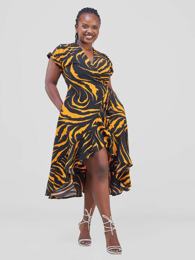 Tuwe Bora Savannah Majesty Tiger Print Dress - Mustard / Black Print - Shopzetu