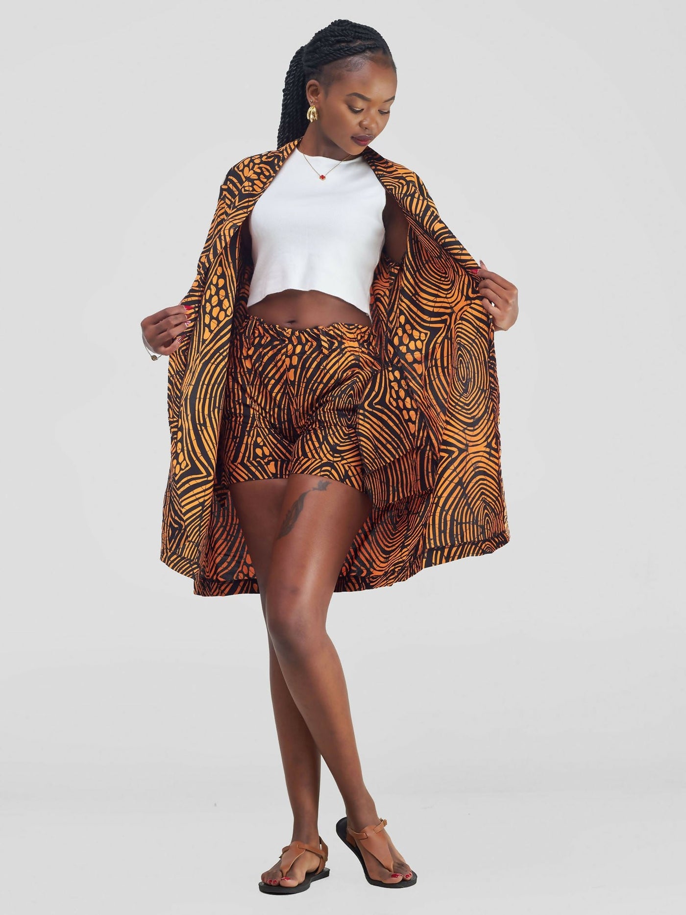 African Yuva Amelia African Print Short Kimono Set - Mustard Print - Shopzetu