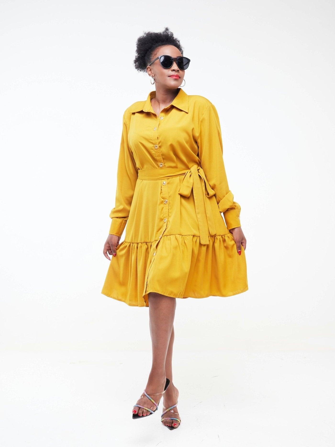 WCS Phyls Collections Sheila Shirt Knee Length Dress - Yellow - Shopzetu