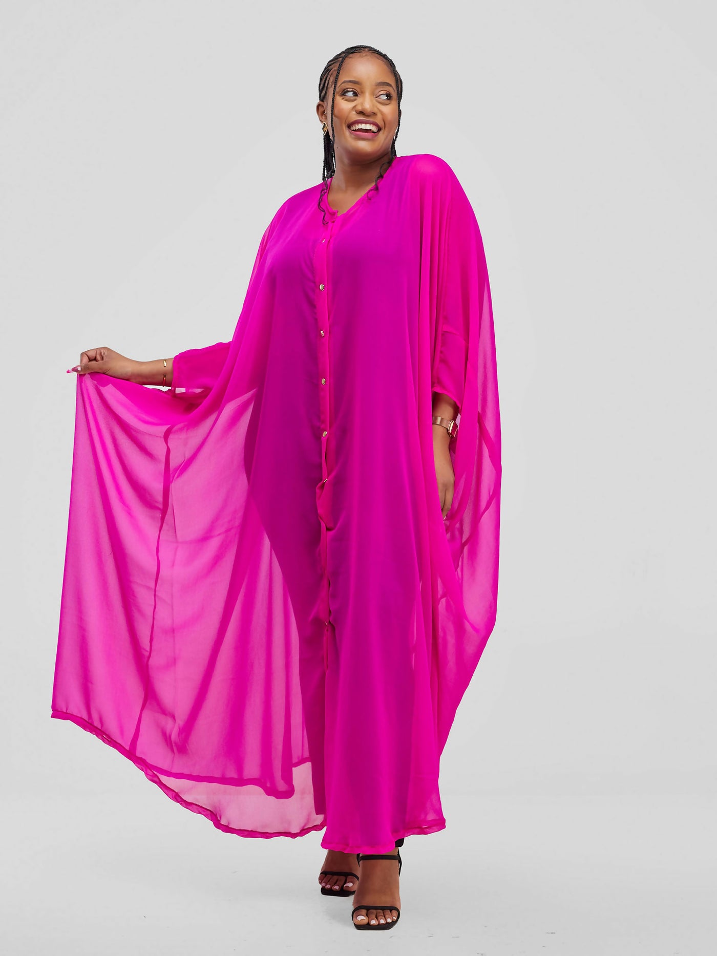 Vazi Afriq Buttoned Chiffon Kaftan - Hot Pink