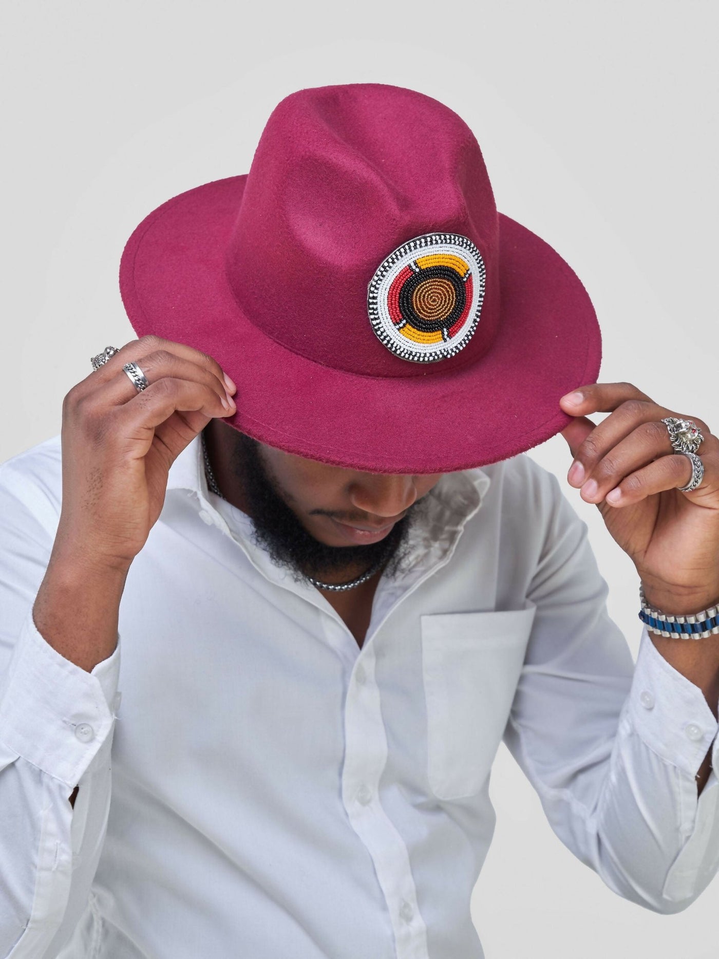 Beaded Fedora Hat - Maroon - Shopzetu