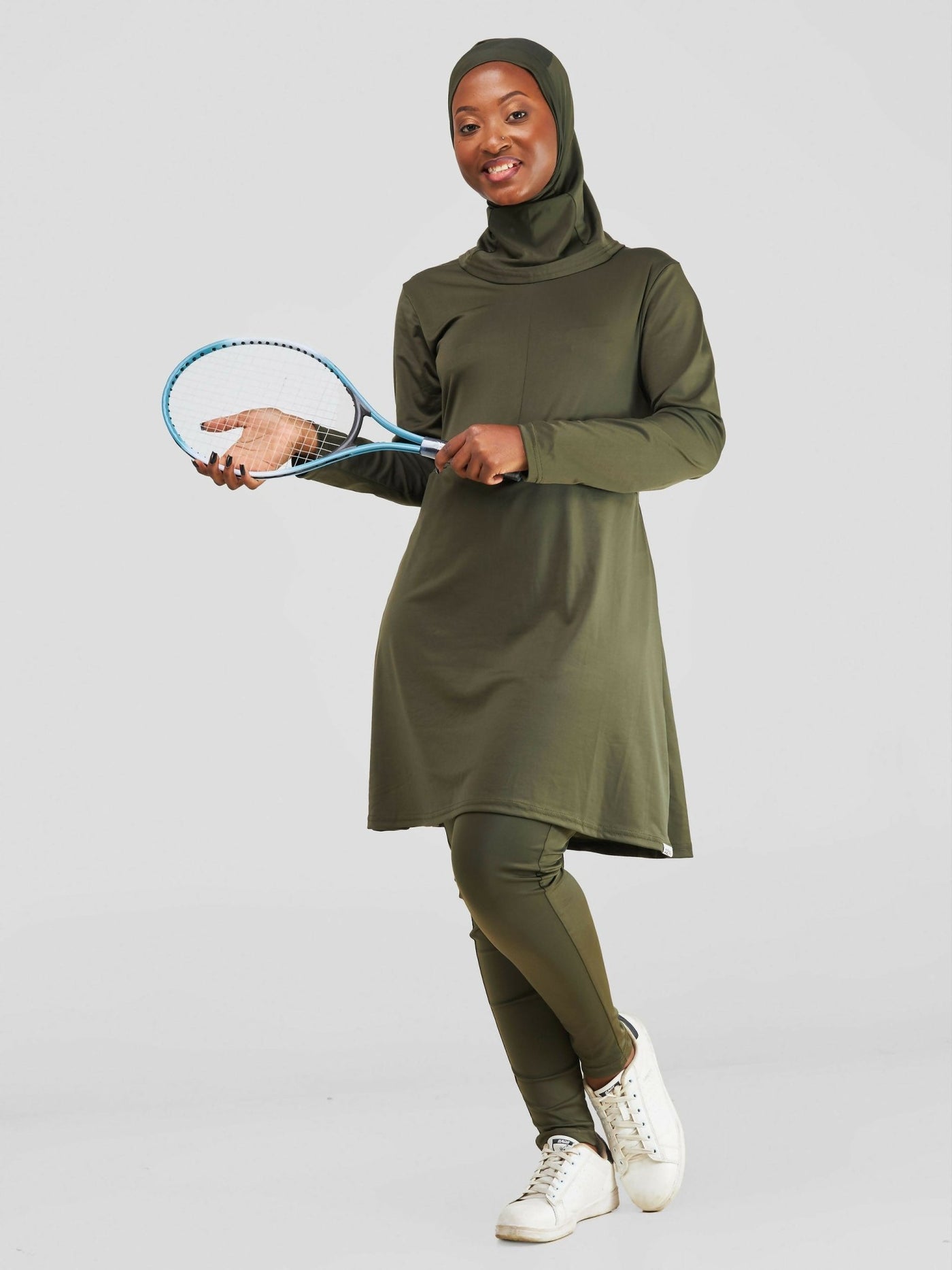 Zaiba Creations Modest Workout Skirt Jumpsuit With Hijab Set - Olive Green - Shopzetu