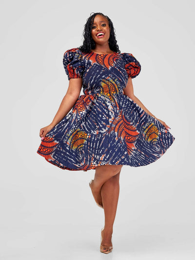 African Yuva Zumaridi Skater Dress - Navy / Orange Swirl Print - Shopzetu