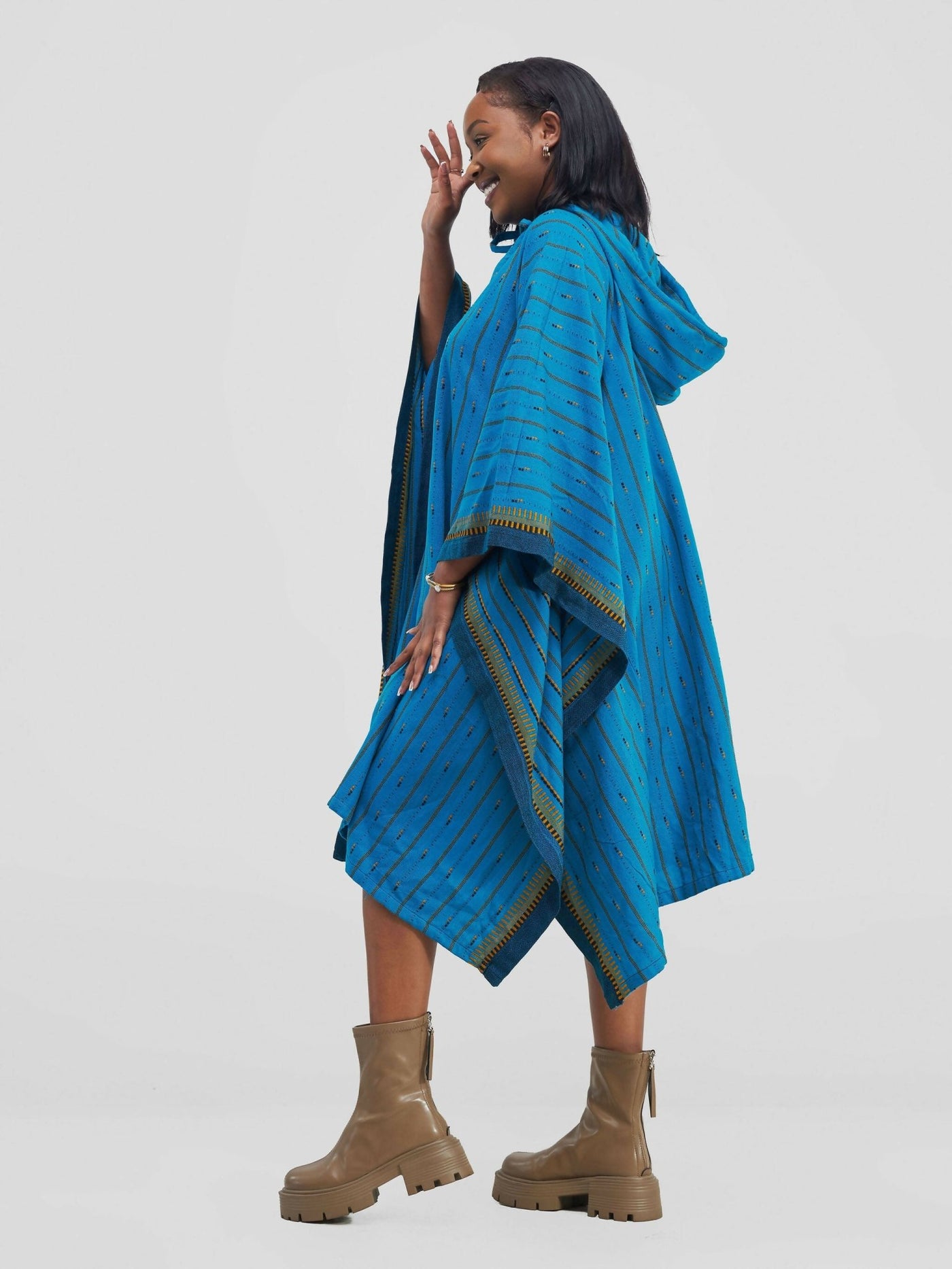 Liquid Lemn Tribal Print Poncho With Hoodie - Blue / Yellow - Shopzetu