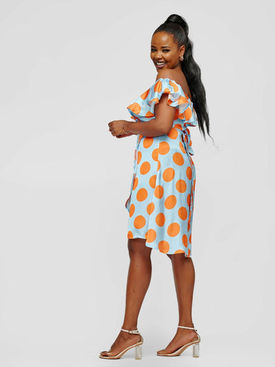 Tuli Lerato Polka Dot Wrap Dress - Blue / Mustard Print - Shopzetu