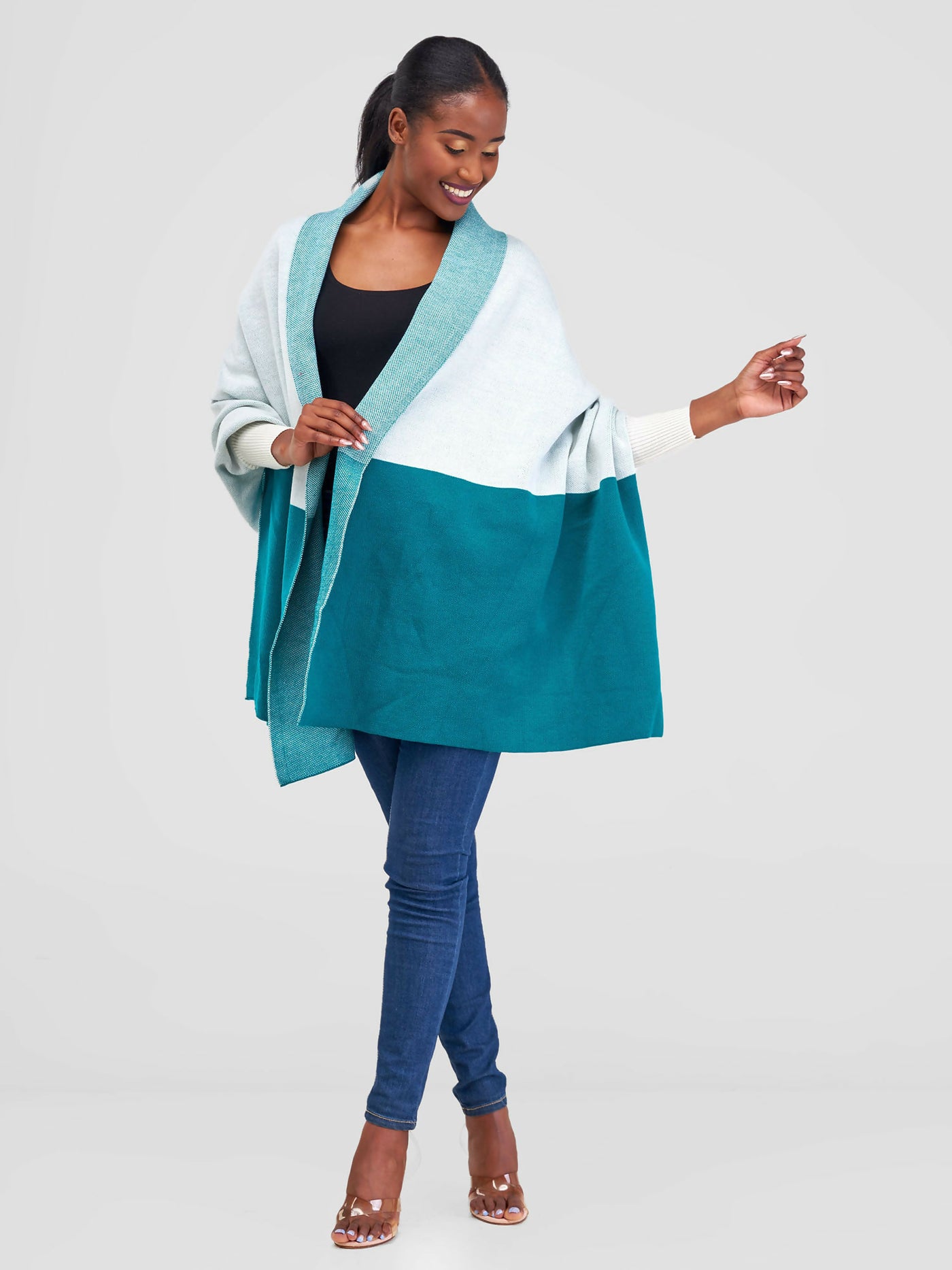Anel's Knitwear Stunner Poncho - White / Teal