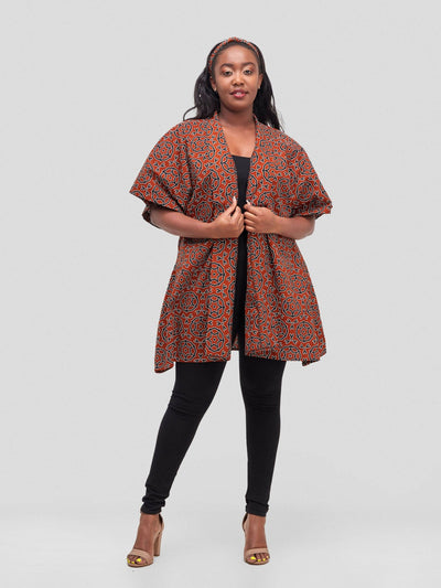 Simbaress Kitenge Tamu Short Kimono - Brown Print - Shopzetu