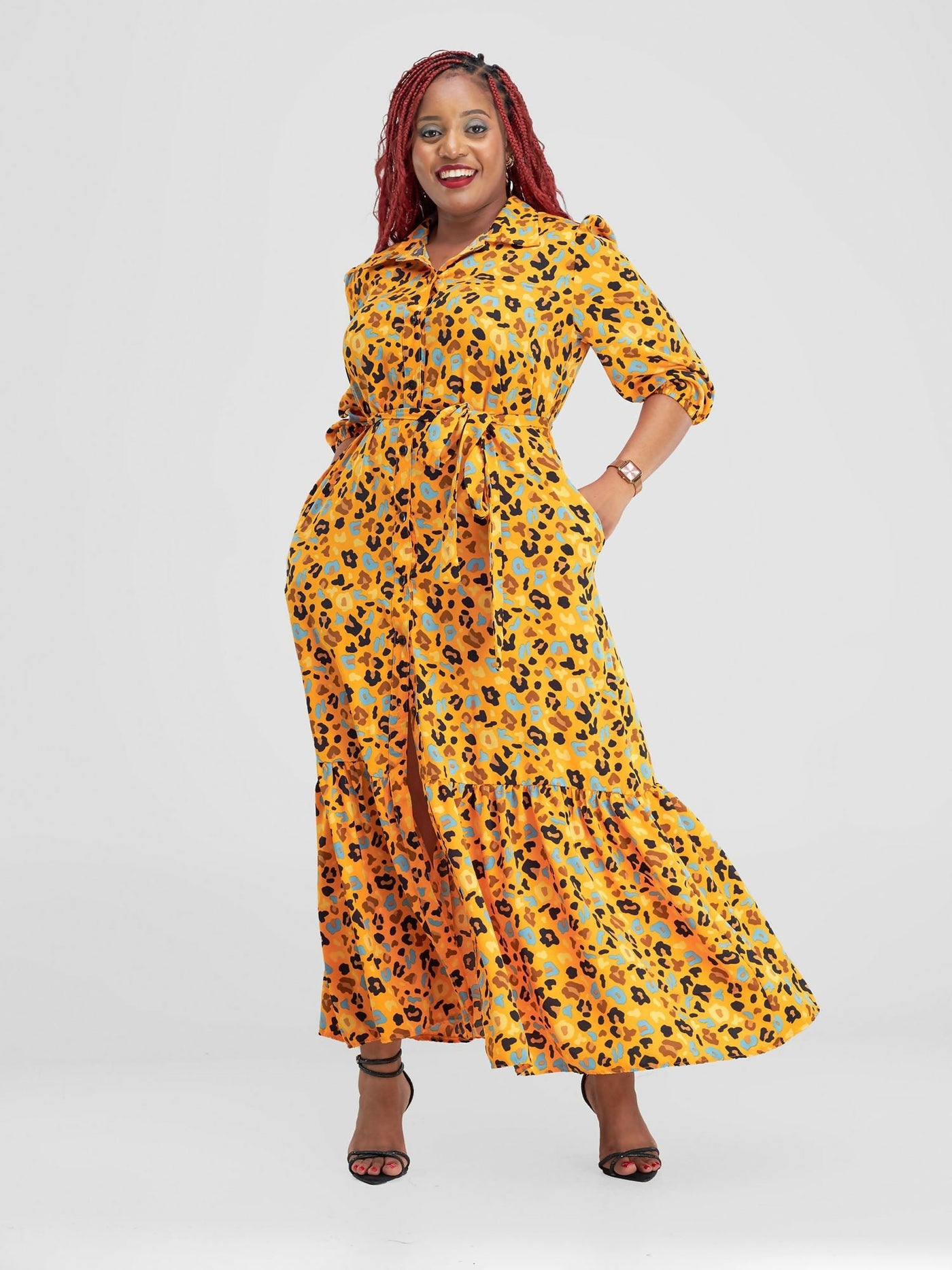 Lizola Dalas Sleeved Maxi Dress - Yellow / Blue / Black Prints - Shopzetu