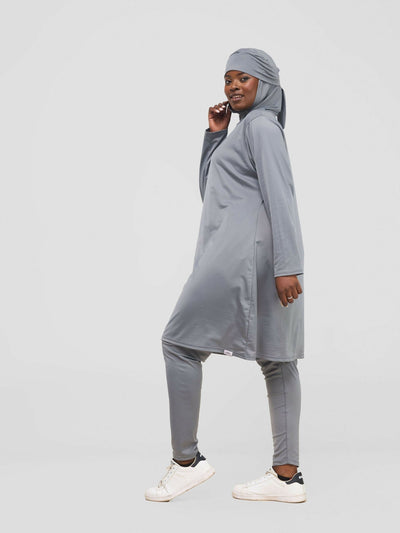 Zaiba Creations Modest Workout Hooded Tunic Top & Legging - Grey - Shopzetu