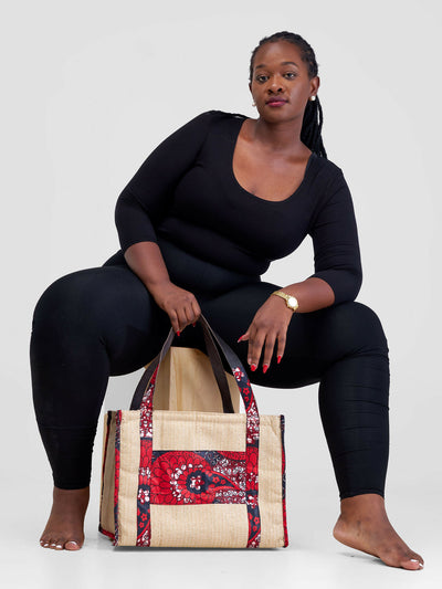 Zosa Jute Tote Bag - Beige / Red Print