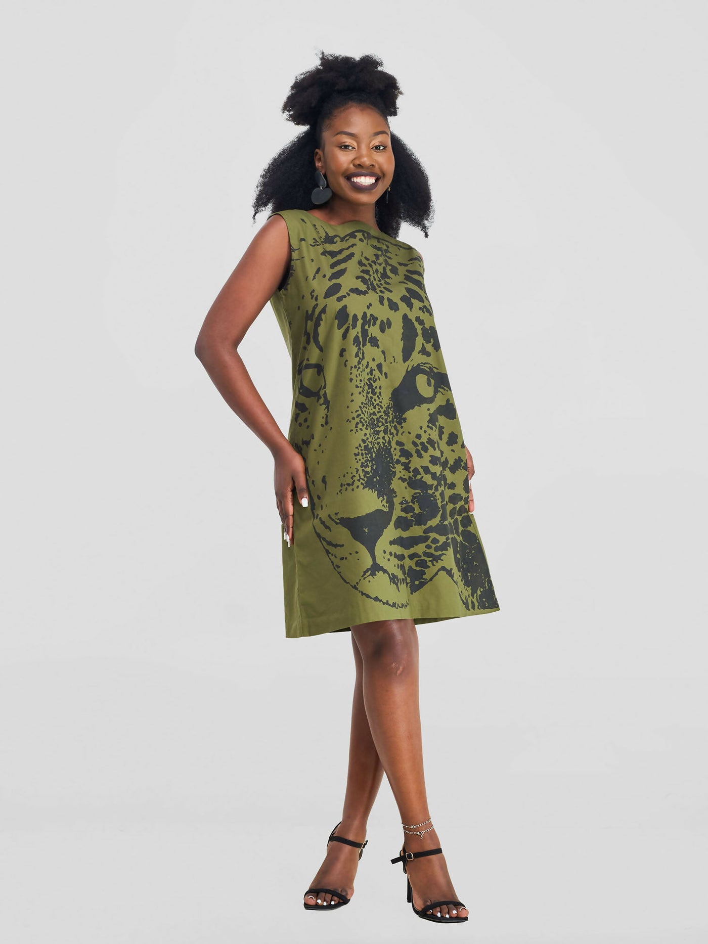 Leopard Face Sleeveless Dress - Jungle Green - Shopzetu