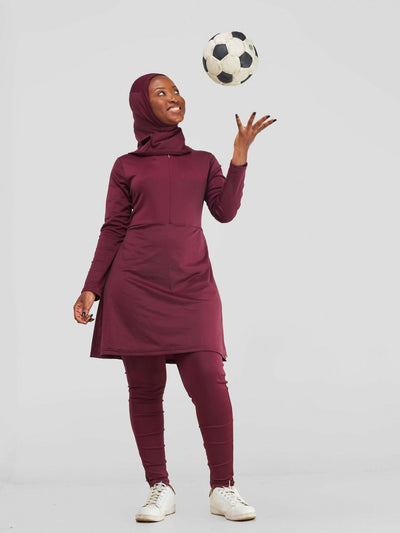 Zaiba Creations Modest Workout Skirt Jumpsuit With Hijab Set - Maroon - Shopzetu