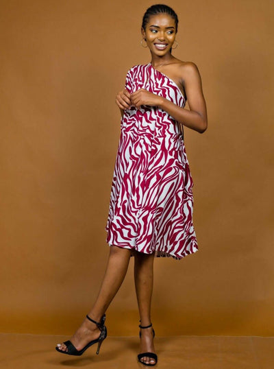 African Yuva Frau One-Shoulder Short Dress - Maroon - Shopzetu