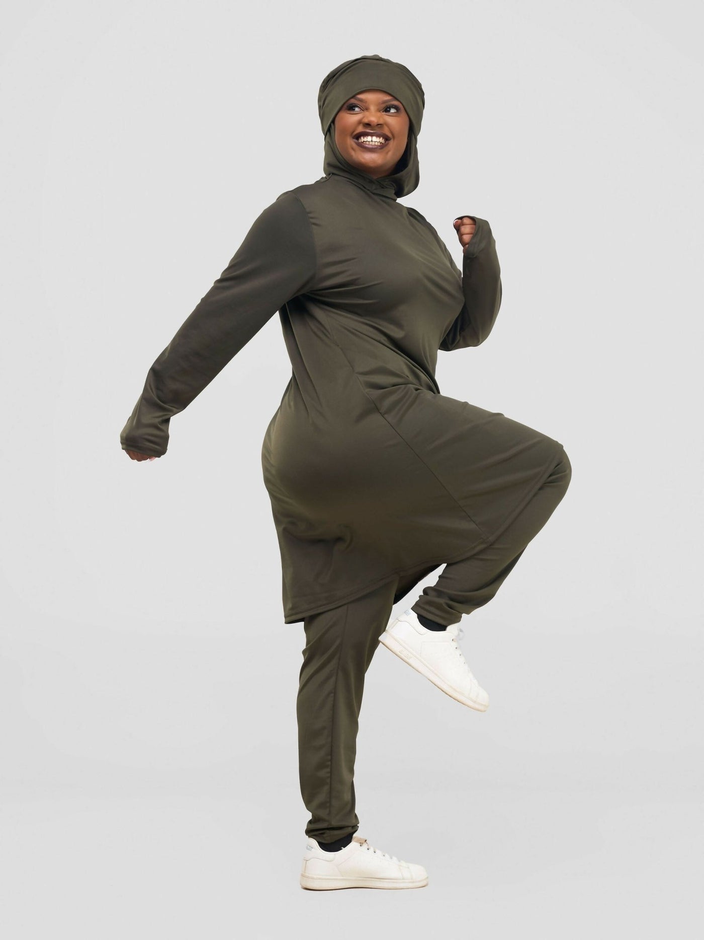 Zaiba Creations Modest Workout Hooded Tunic Top & Legging - Olive Green - Shopzetu