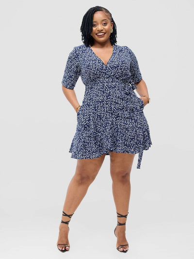 Etana Wrap Dress - Navy Blue White - Shopzetu