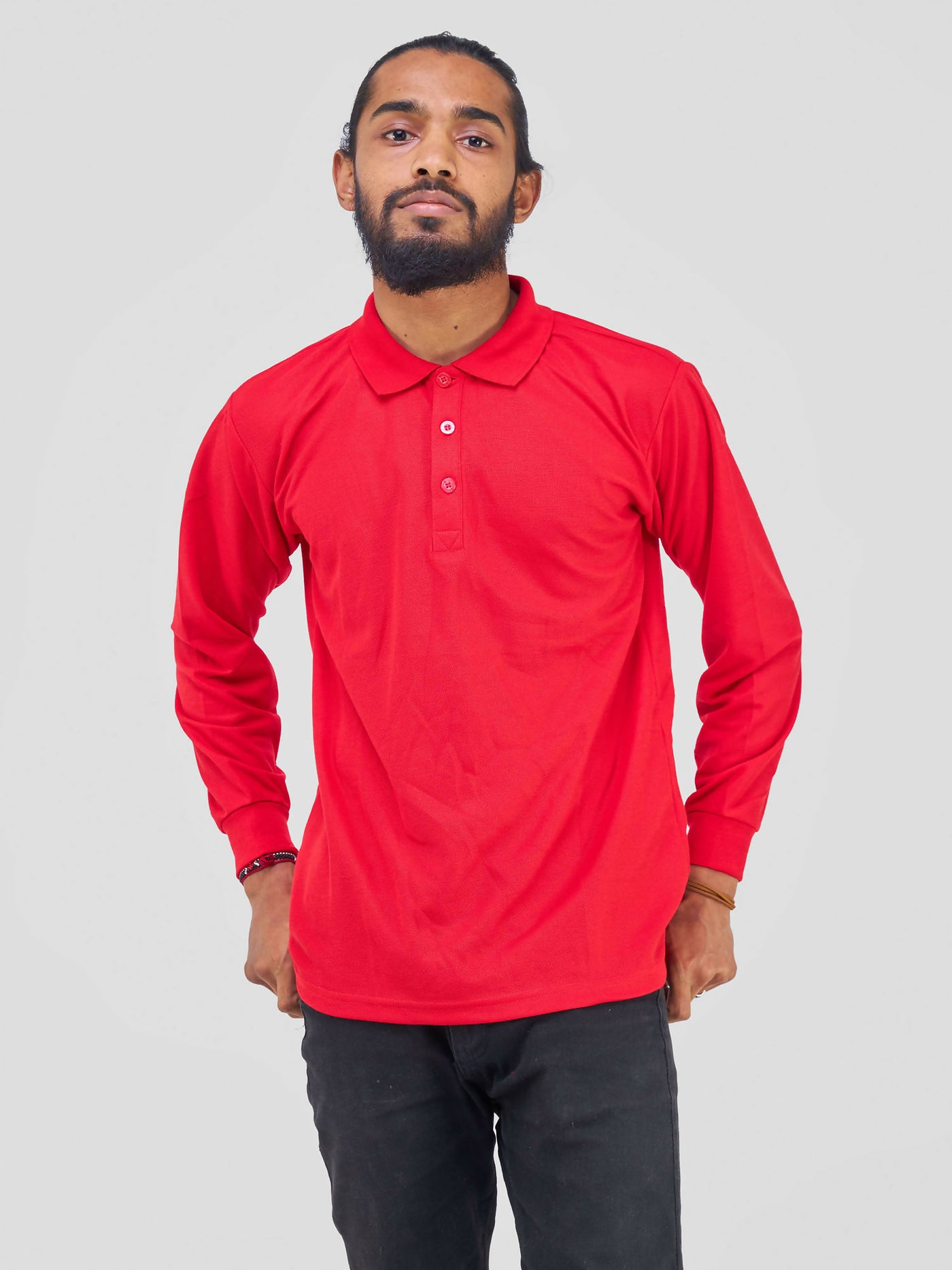 Long Sleeved Polo T-Shirt - Red - Shopzetu