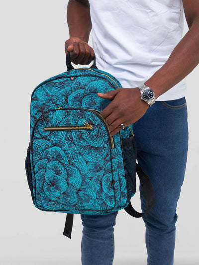 Ankara Artifacts Flower Sorokin Backpack Bag - Black / Blue Print - Shopzetu