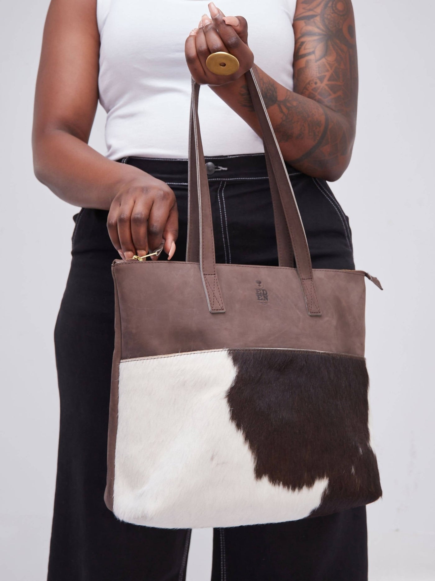 Eden Leather Nanda Tote Bag Hair on - Dark brown - Shopzetu