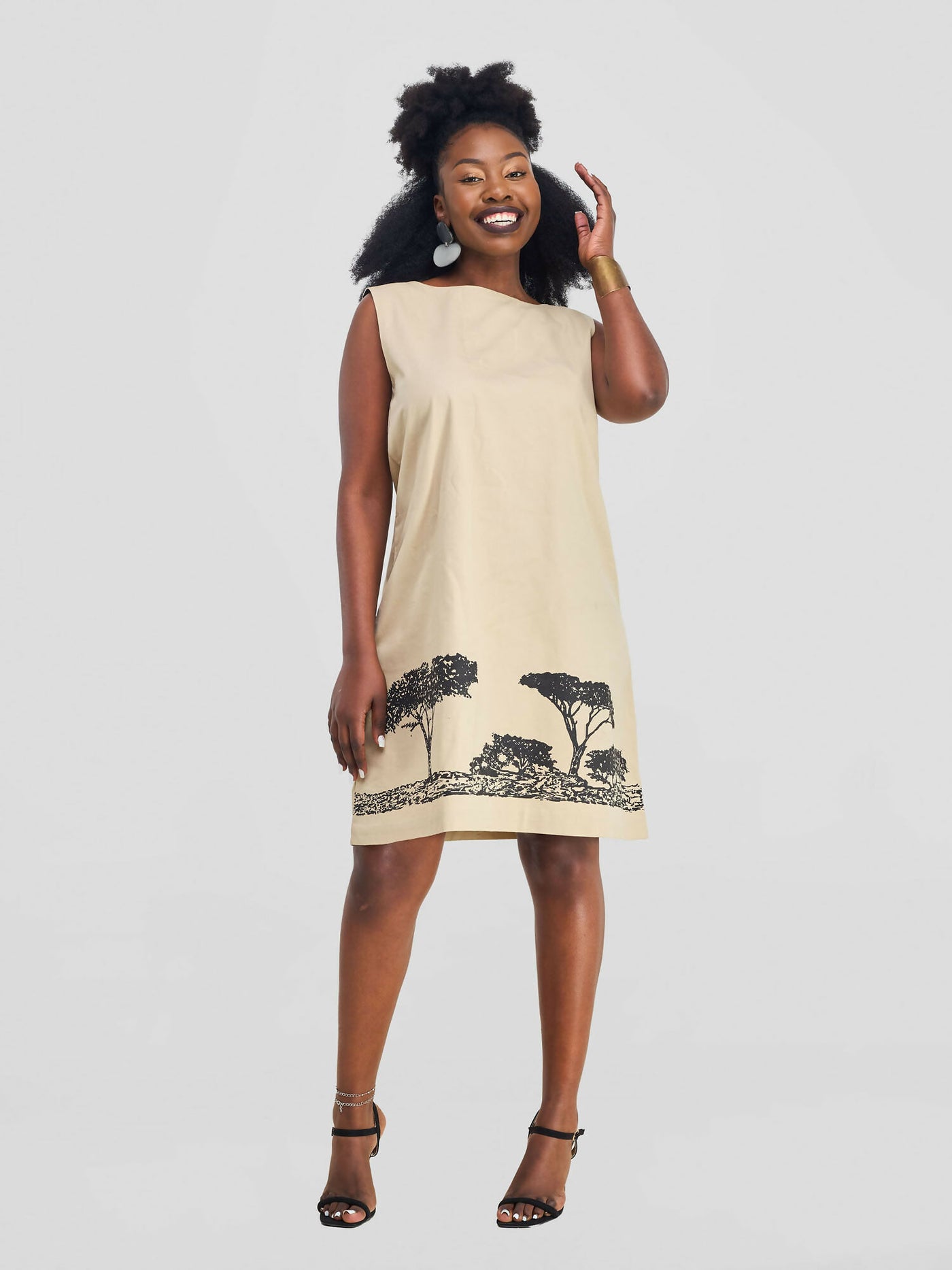 Sleeveless Tree Line Dress - Beige - Shopzetu