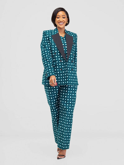 SBV Ankara Pant Suit - Green / White Print - Shopzetu