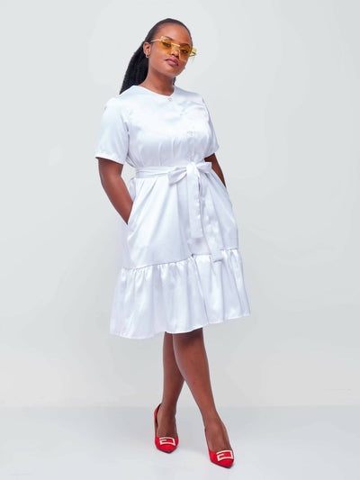 Lizola Fancy Silk with Button Dress - White - Shopzetu