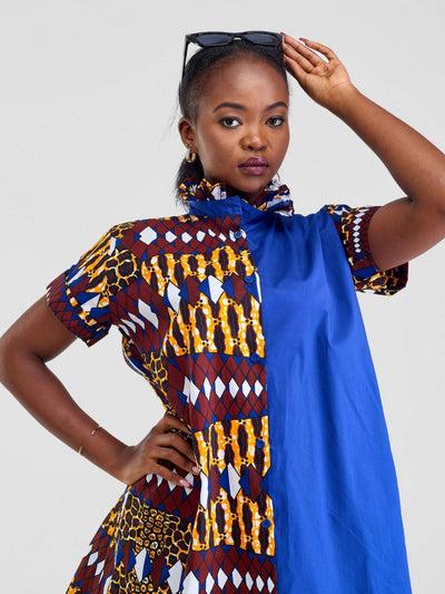 Vazi Afriq Cotton Ankara Shirt Dress - Blue / Orange - Shopzetu