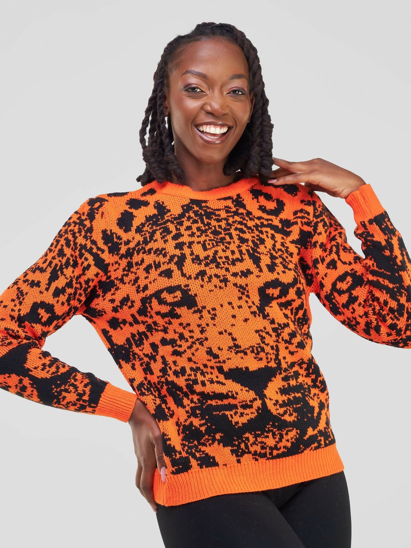 Fancy Warm Lion Image Print Sweater - Orange / Black - Shopzetu