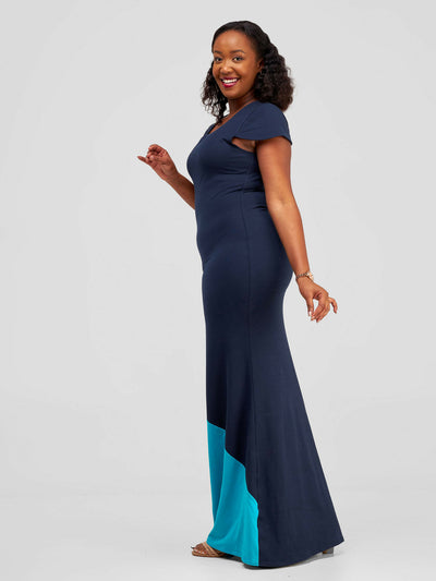 Tuli Aimani Colour Block Jersey Maxi Dress - Navy Blue / Aqua