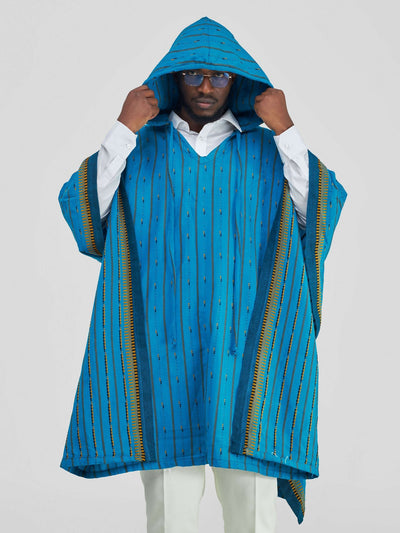 Tribal Print Poncho With Hoodie - Blue / Yellow - Shopzetu