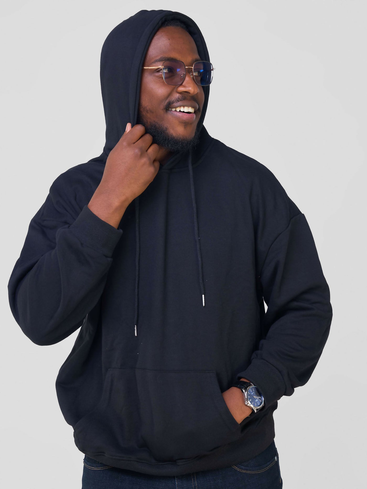 Round Neck L - Sleeve Hoodie - Black - Shopzetu