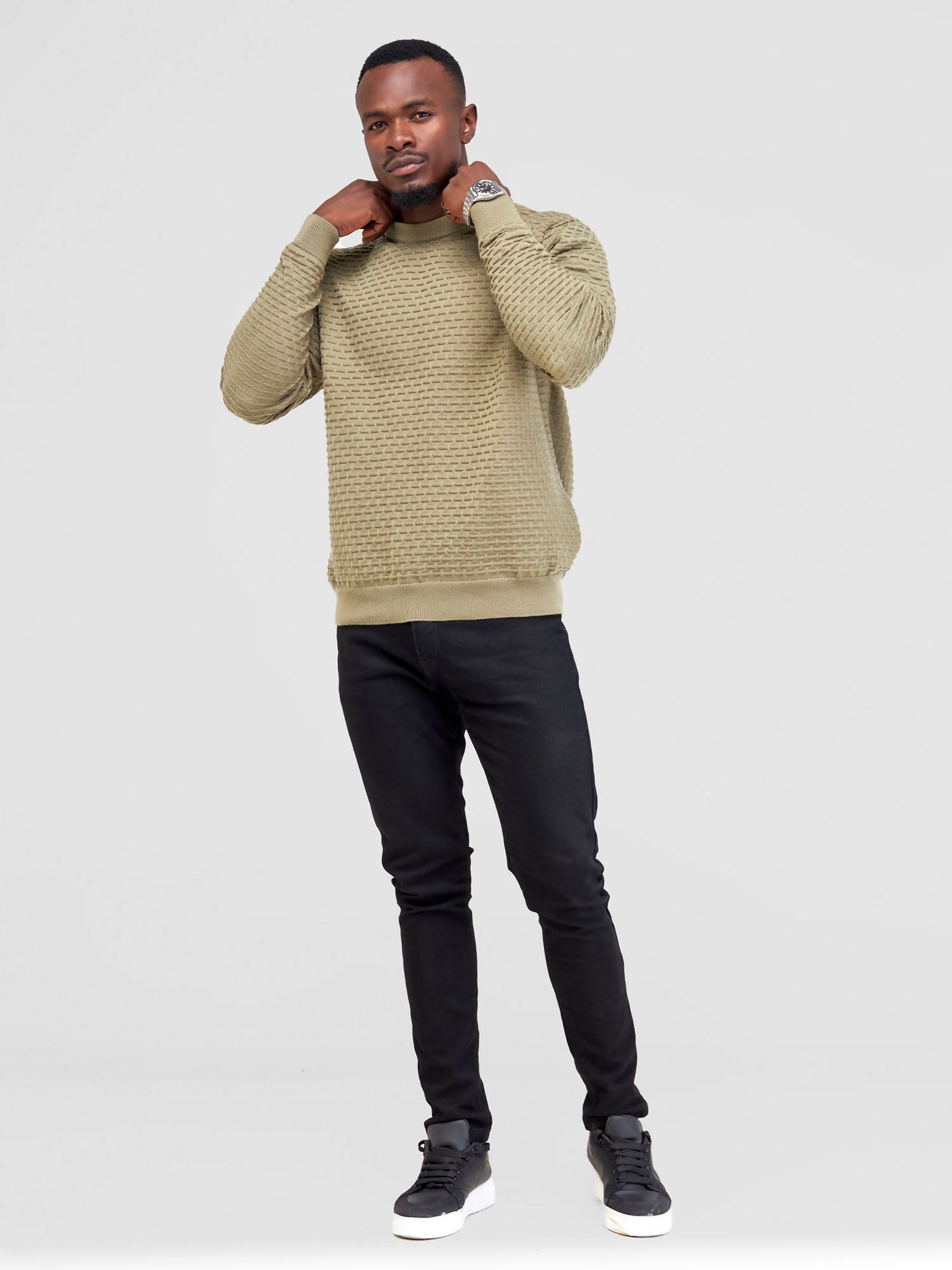 Anel's Knitwear Zetu Men's Round Neck Sweater - Olive Green