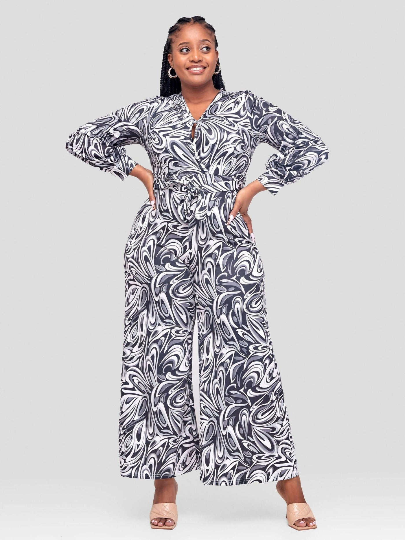 Spiral Pattern Jumpsuit - White - Shopzetu