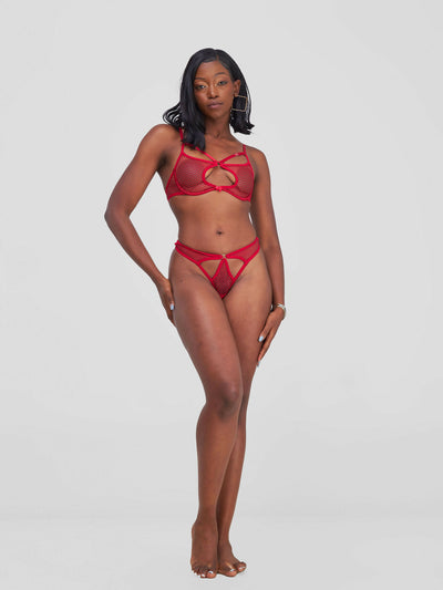 Posh Lingerie & More 2-Piece Matching Bra and Panty Set in Sheer Fishing Net Lingerie - Red