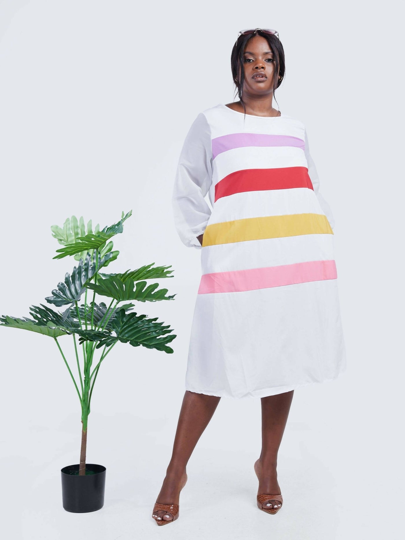 Dd Holdings Horizontal Stripped Midi Dress - White - Shopzetu