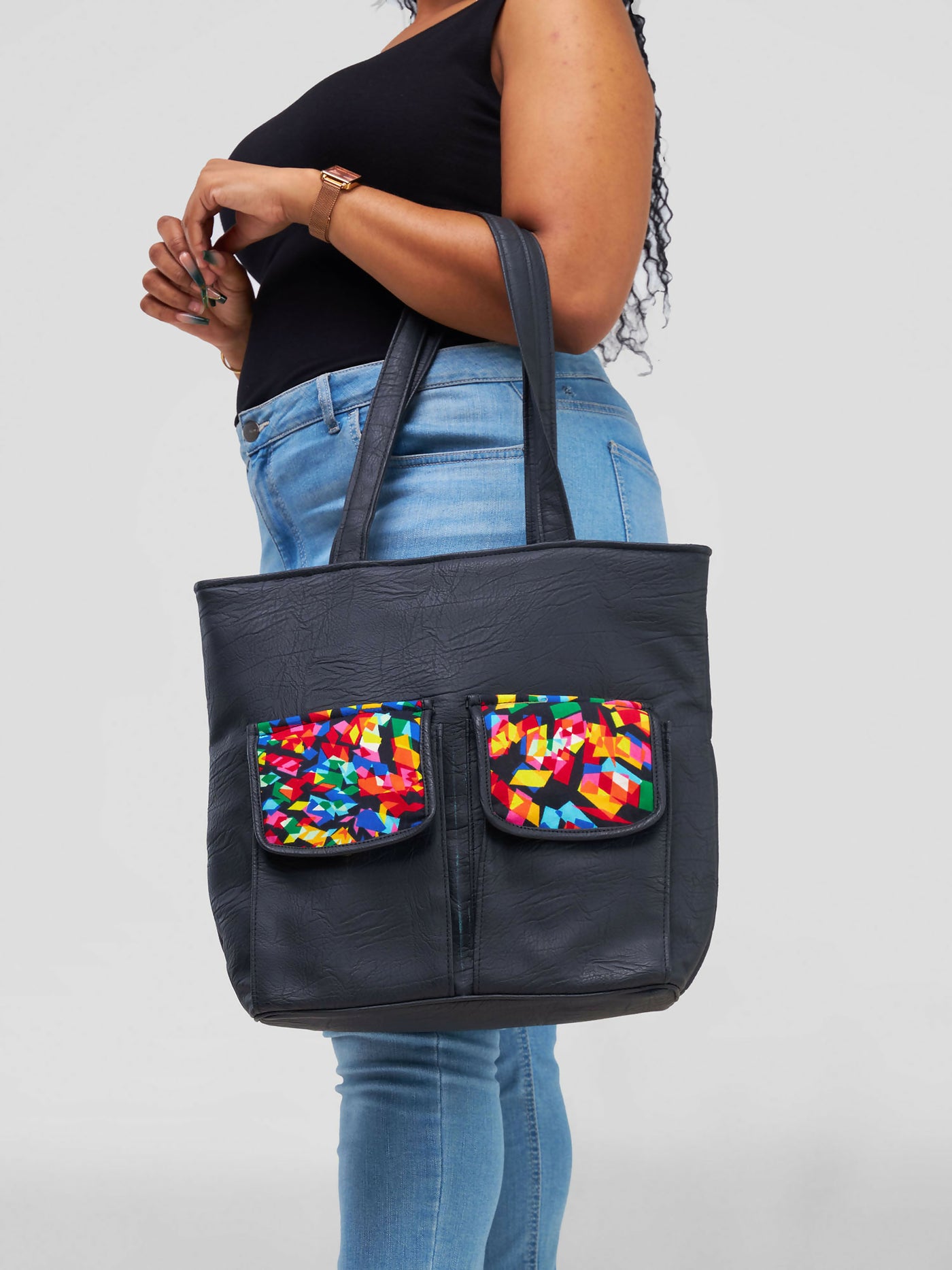 Khay Designs Leather Tote Bag - Black Ankara