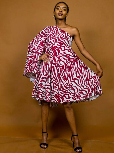 African Yuva Frau One-Shoulder Short Dress - Maroon - Shopzetu