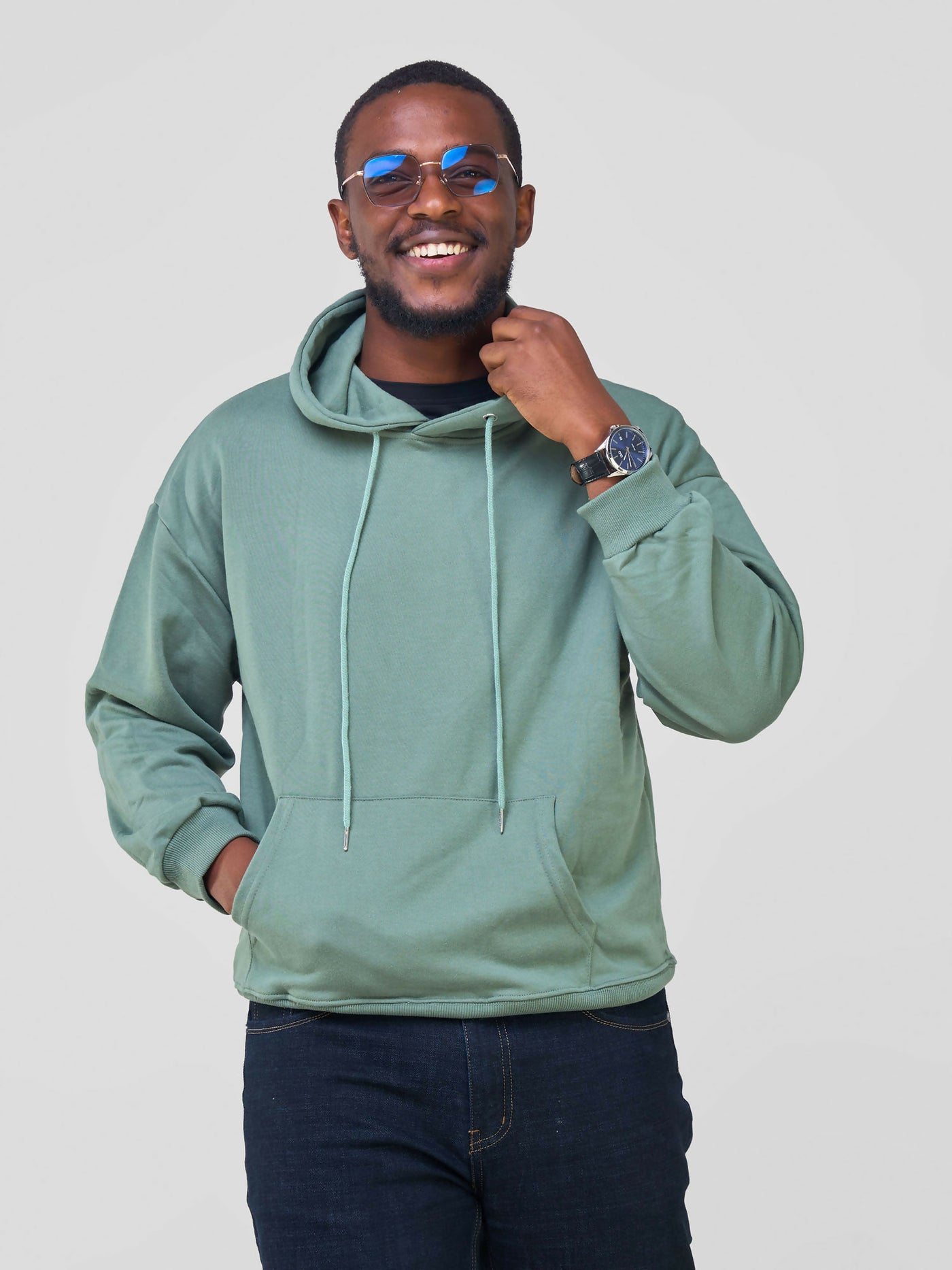 Round Neck L/ Sleeves Hoodie - Sage Green - Shopzetu