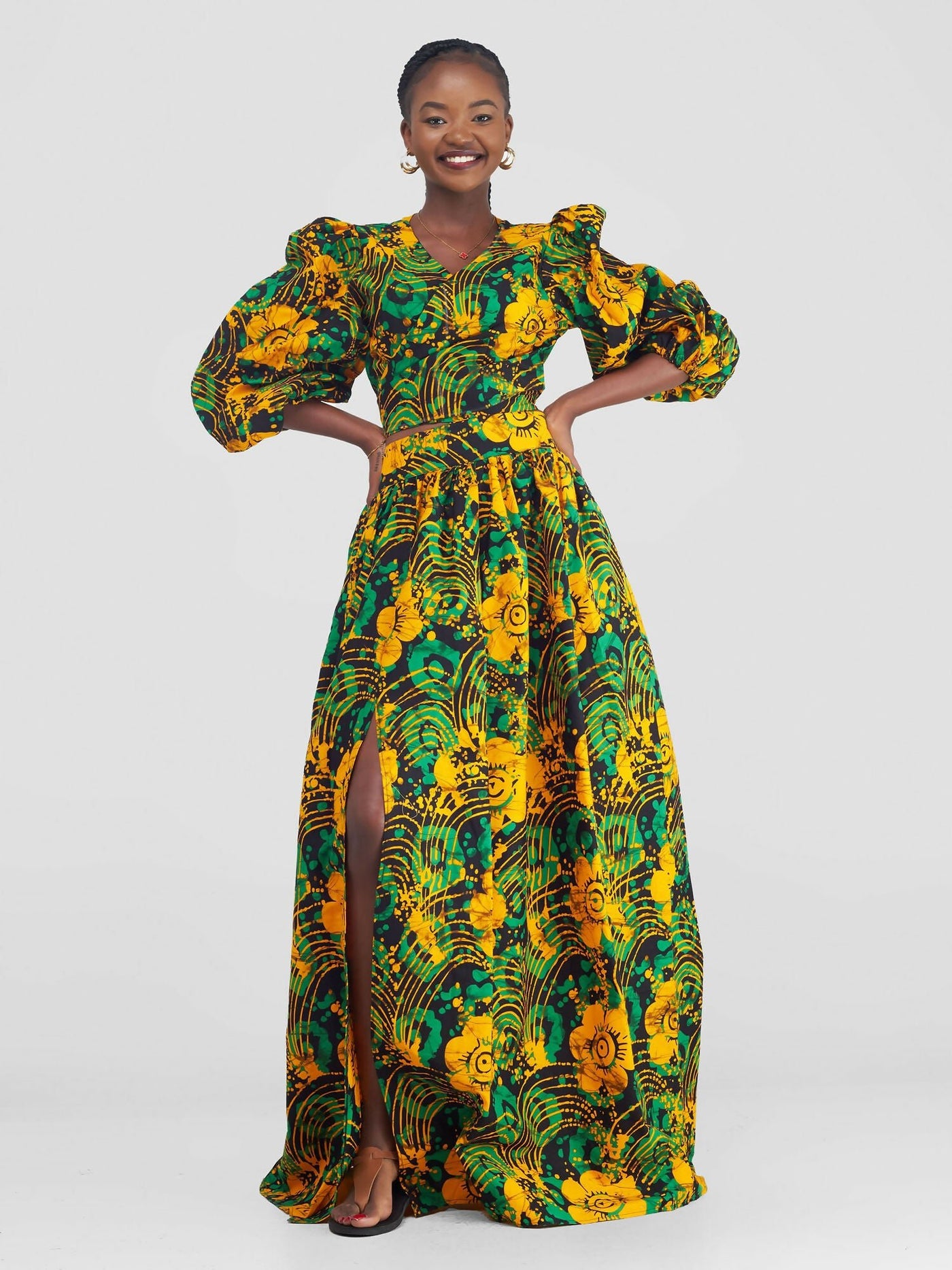 African Yuva Lila African Print Skirt Set - Green / Yellow - Shopzetu