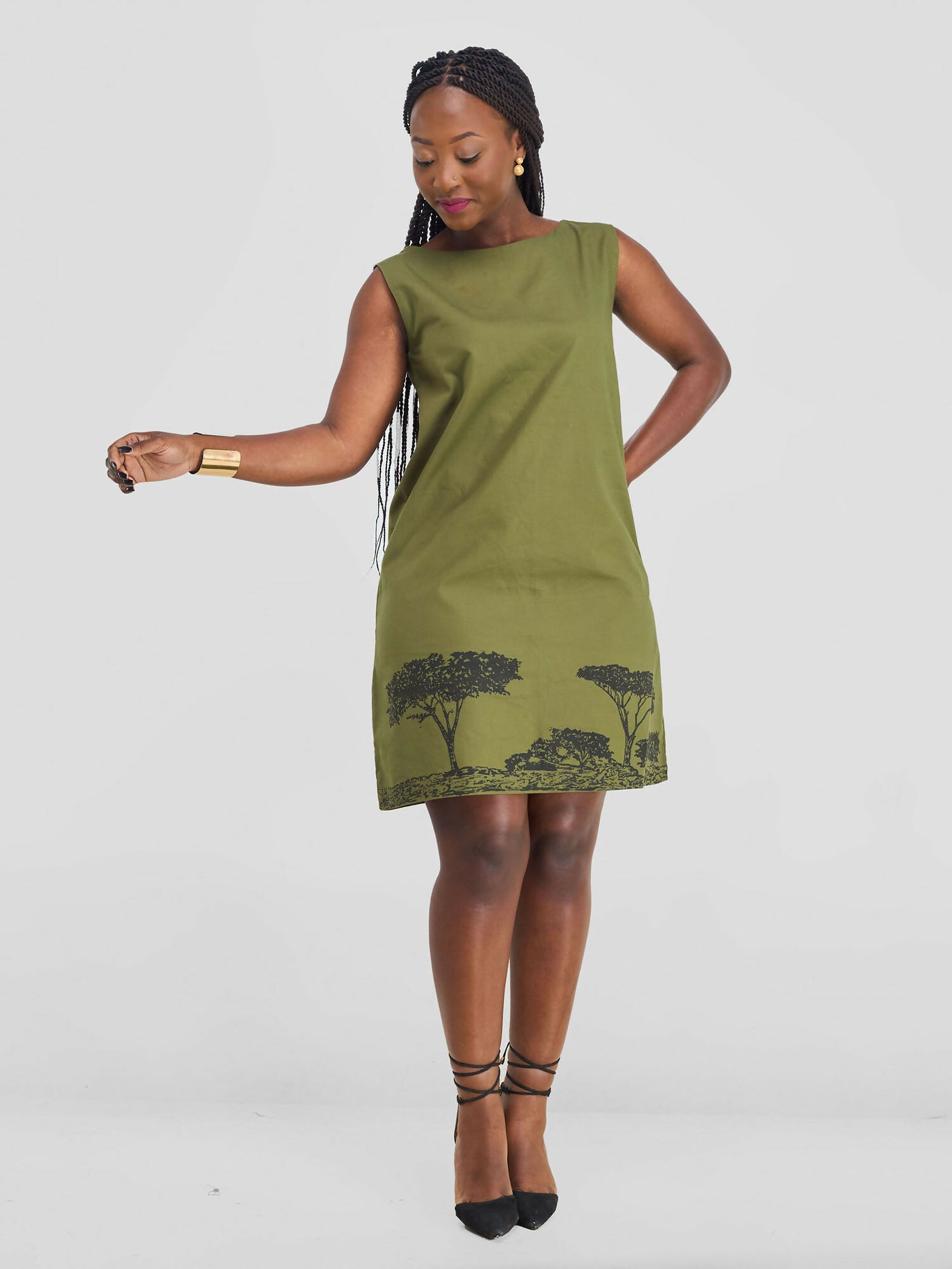 Sleeveless Tree Line Dress - Jungle Green - Shopzetu