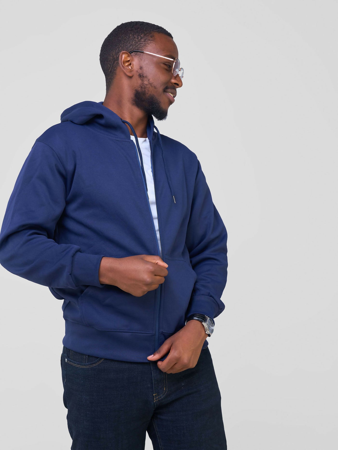 Round Neck With Zip Hoodie - Navy - Shopzetu