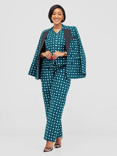 SBV Ankara Pant Suit - Green / White Print - Shopzetu