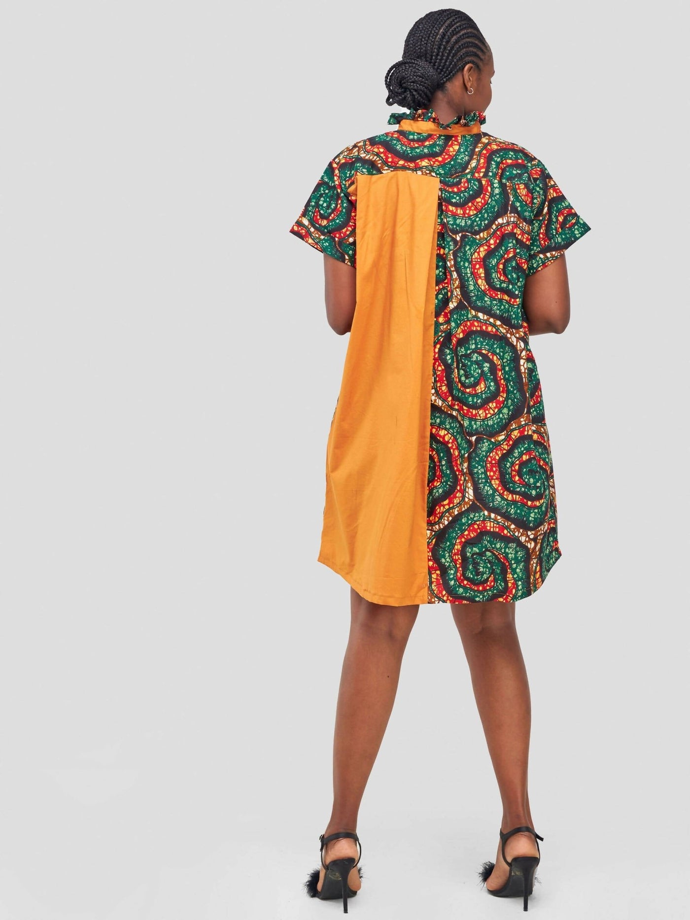 Vazi Afriq Cotton Ankara Shirt Dress - Green / Brown - Shopzetu