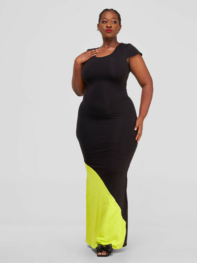 Tuli Aimani Colour Block Jersey Maxi Dress - Black / Lime Green