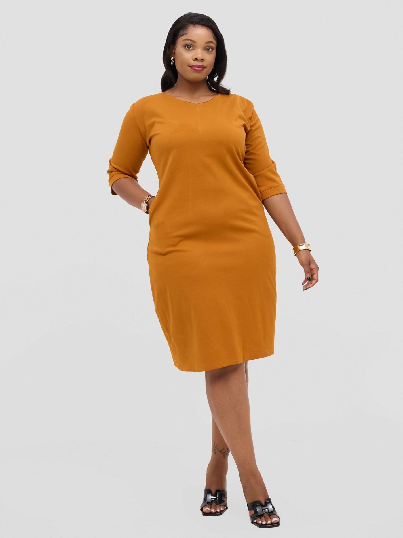 TimyT Urban Wear Serene Curve - 3/4 sleeved with V - neck line Dress - Mustard - Shopzetu